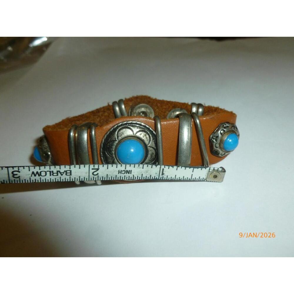 Vintage Brown Leather Silver Tone Faux Lapis Bracelet 7"-7.5" - Picture 2 of 3
